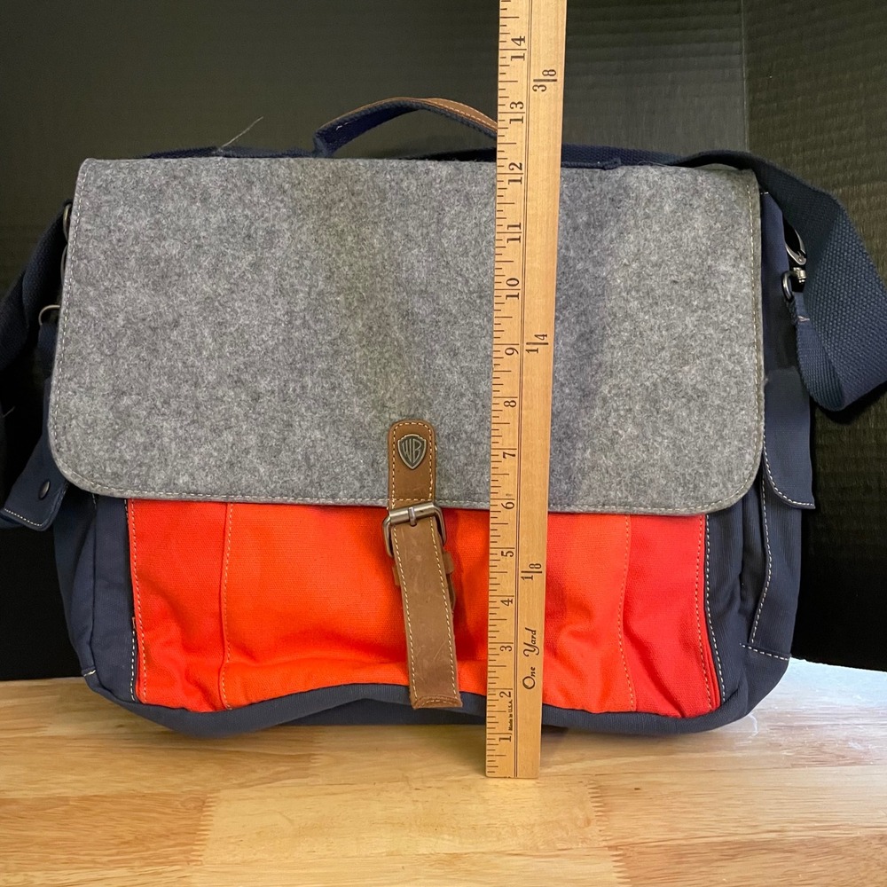 Warner Bros Messenger Bag Navy Orange Grey Felt Laptop Sleeve WB Shield Logo